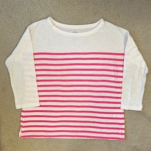 Women’s Old Navy pink and white striped t-shirt, 3/4 length sleeves, small.
